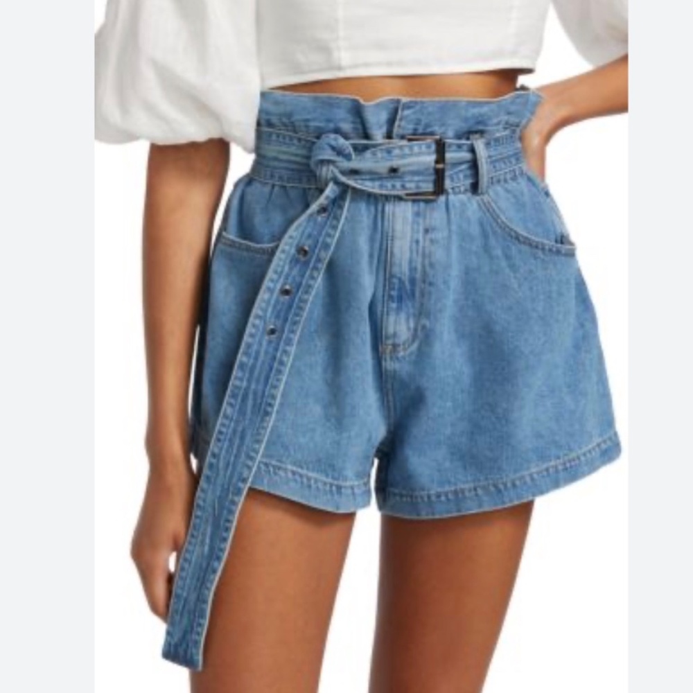 Sea New York Light Blue High-Waist Paperbag Denim Shorts with Belt